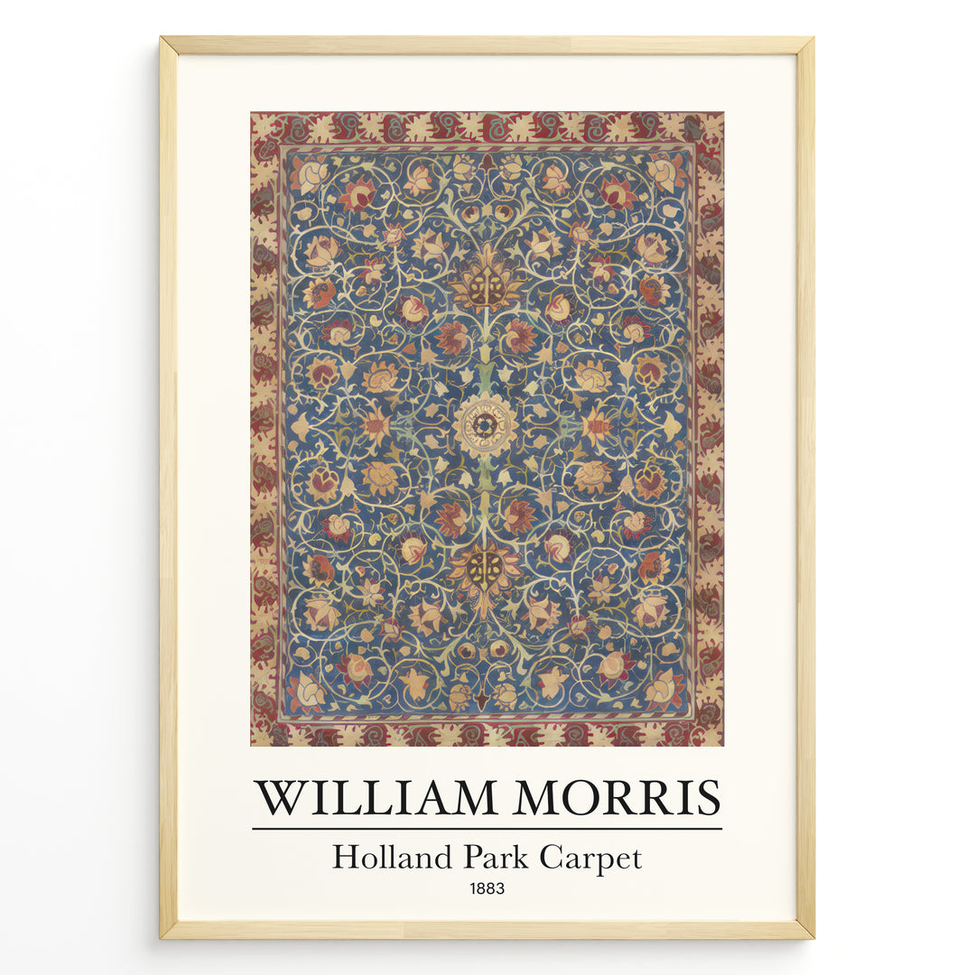 Framed William Morris Holland Park Carpet 1883 art print plakat with detailed blue, red, and gold floral carpet design.