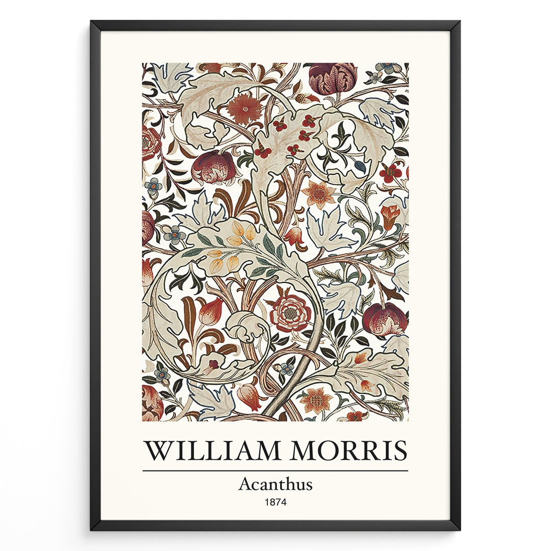 Framed William Morris Acanthus 1874 art print plakat featuring detailed floral and leaf patterns in red, beige, and green tones.