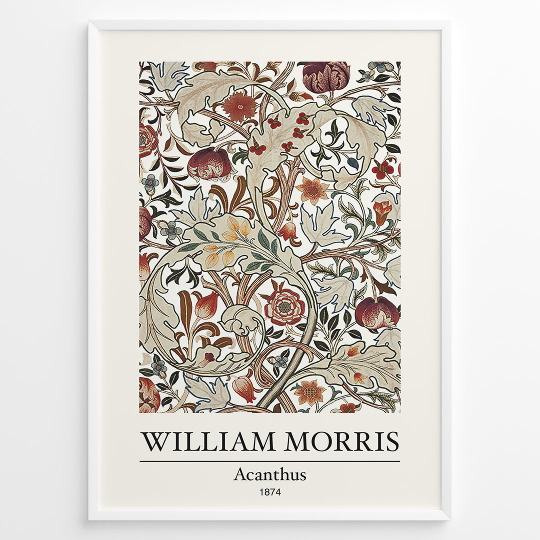 Framed William Morris Acanthus 1874 art print plakat featuring detailed floral and leaf patterns in red, beige, and green tones.