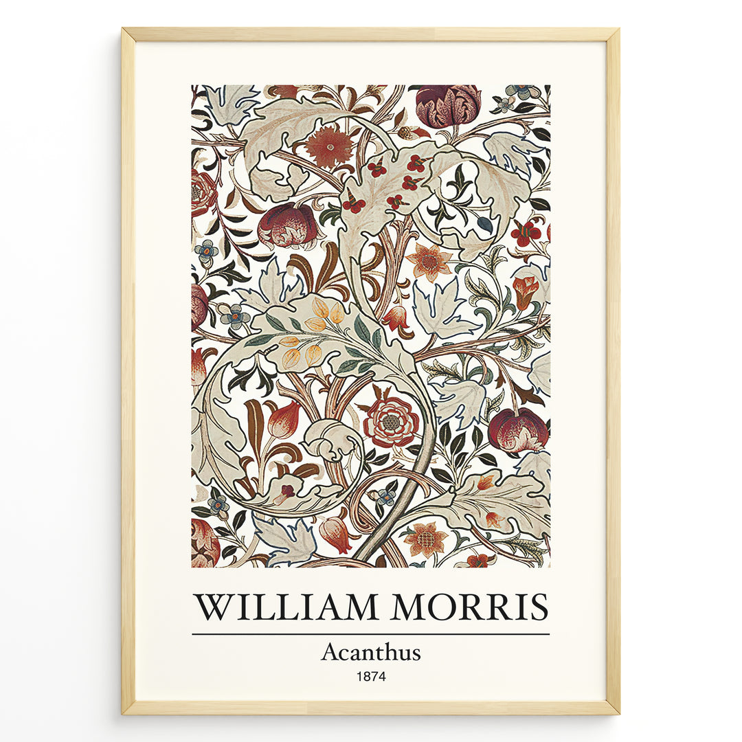 Framed William Morris Acanthus 1874 art print plakat featuring detailed floral and leaf patterns in red, beige, and green tones.