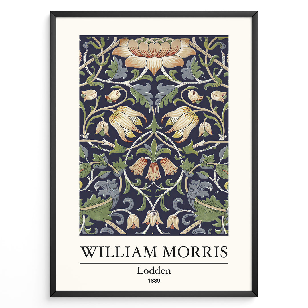 Framed William Morris Lodden 1889 art print plakat with ornate floral motifs in navy blue, gold, and green tones.