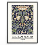 Indlæs billede til gallerivisning Framed William Morris Lodden 1889 art print plakat with ornate floral motifs in navy blue, gold, and green tones.
