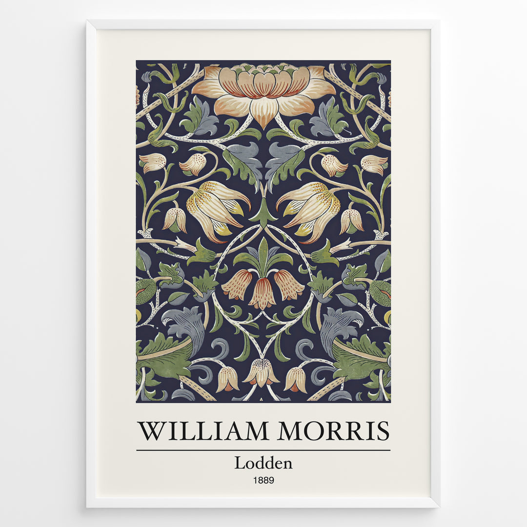Framed William Morris Lodden 1889 art print plakat with ornate floral motifs in navy blue, gold, and green tones.