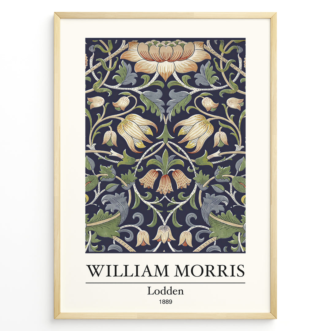 Framed William Morris Lodden 1889 art print plakat with ornate floral motifs in navy blue, gold, and green tones.