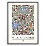 Indlæs billede til gallerivisning Framed William Morris Iris 1887 art print plakat featuring blue and amber iris flowers with green leaves on a rich maroon background.
