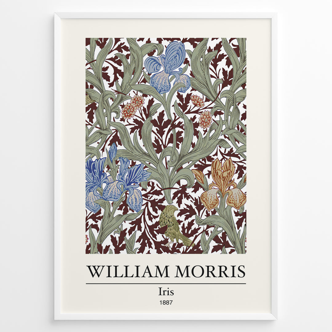 Framed William Morris Iris 1887 art print plakat featuring blue and amber iris flowers with green leaves on a rich maroon background.