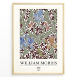 Indlæs billede til gallerivisning Framed William Morris Iris 1887 art print plakat featuring blue and amber iris flowers with green leaves on a rich maroon background.

