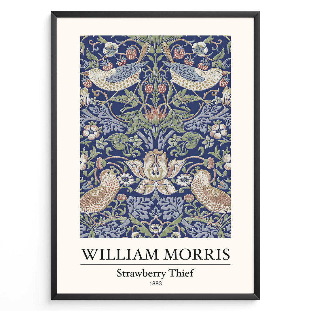 Framed William Morris Strawberry Thief 1883 art print plakat showing birds and strawberries with ornate floral patterns on a navy background.