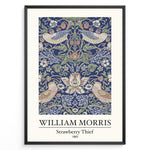 Indlæs billede til gallerivisning Framed William Morris Strawberry Thief 1883 art print plakat showing birds and strawberries with ornate floral patterns on a navy background.
