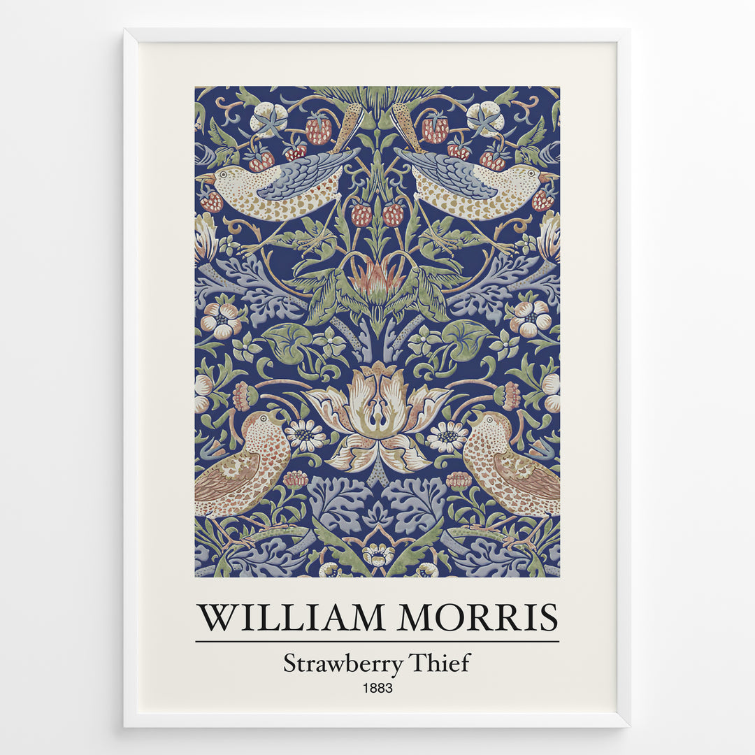Framed William Morris Strawberry Thief 1883 art print plakat showing birds and strawberries with ornate floral patterns on a navy background.