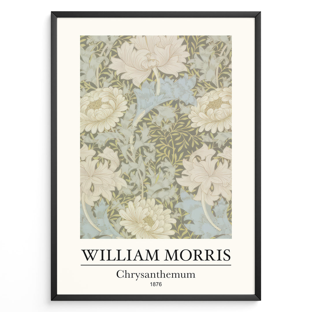 Framed William Morris Chrysanthemum 1876 art print plakat featuring beige and blue chrysanthemum flowers in a vintage botanical pattern.