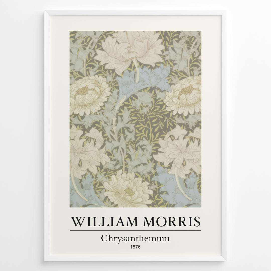 Framed William Morris Chrysanthemum 1876 art print plakat featuring beige and blue chrysanthemum flowers in a vintage botanical pattern.