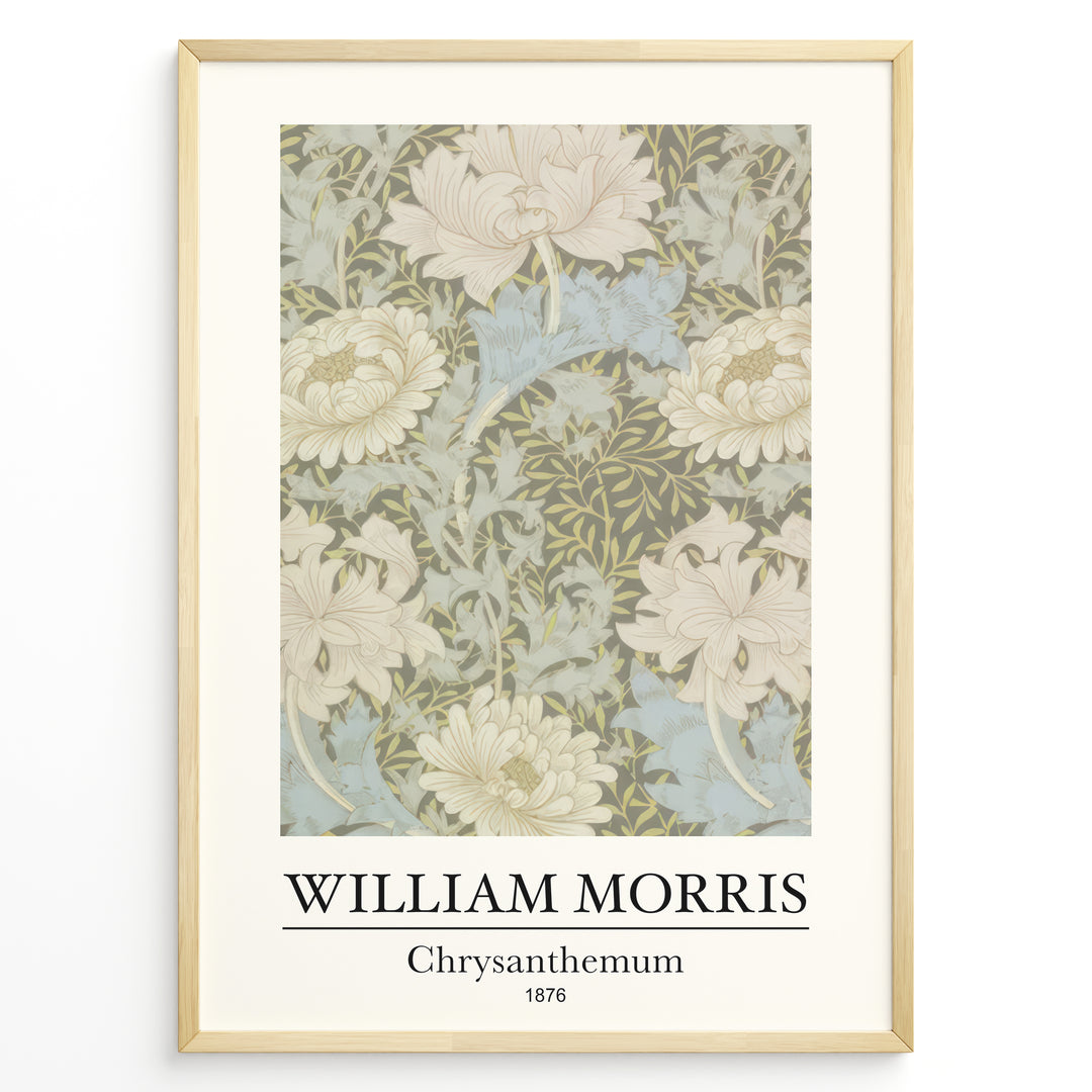 Framed William Morris Chrysanthemum 1876 art print plakat featuring beige and blue chrysanthemum flowers in a vintage botanical pattern.
