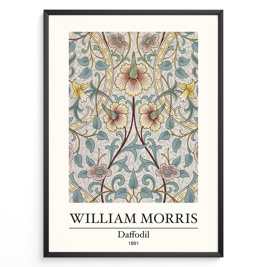 Framed William Morris Daffodil 1891 art print plakat featuring detailed floral design with yellow daffodils and green leaves on a soft beige background.