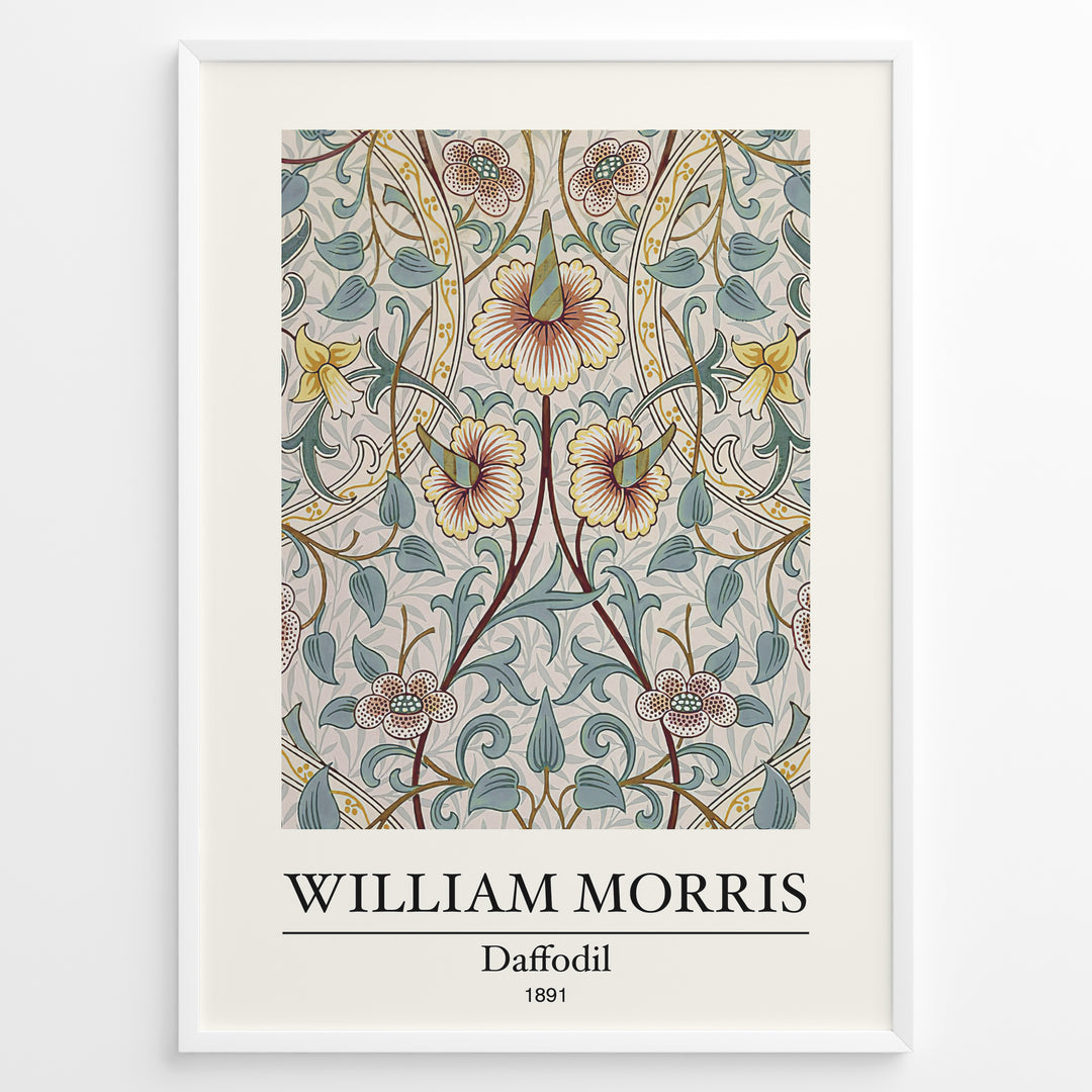 Framed William Morris Daffodil 1891 art print plakat featuring detailed floral design with yellow daffodils and green leaves on a soft beige background.