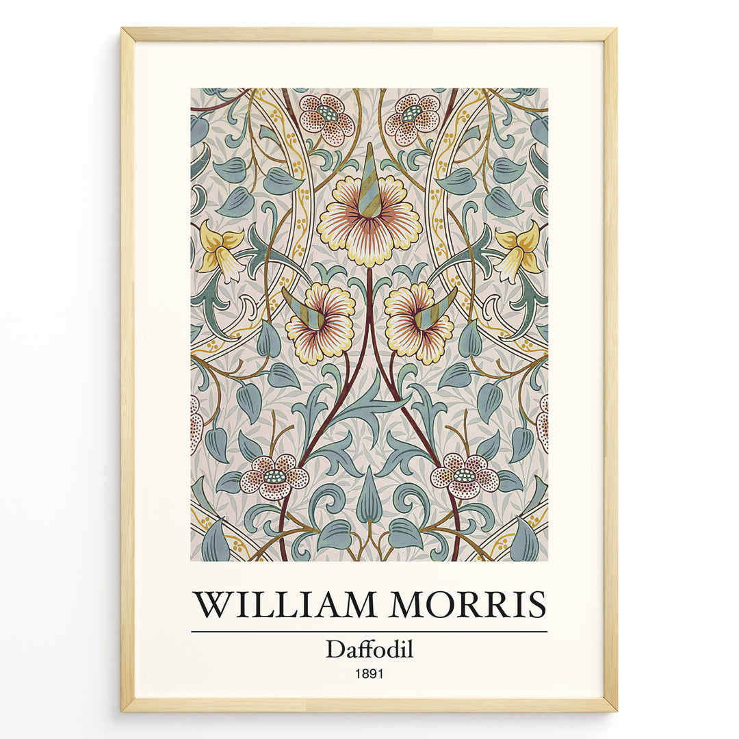 Framed William Morris Daffodil 1891 art print plakat featuring detailed floral design with yellow daffodils and green leaves on a soft beige background.