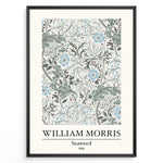 Indlæs billede til gallerivisning Framed William Morris Seaweed 1866 art print plakat featuring intricate seaweed-inspired floral and leaf motifs in blue and green on a cream background.
