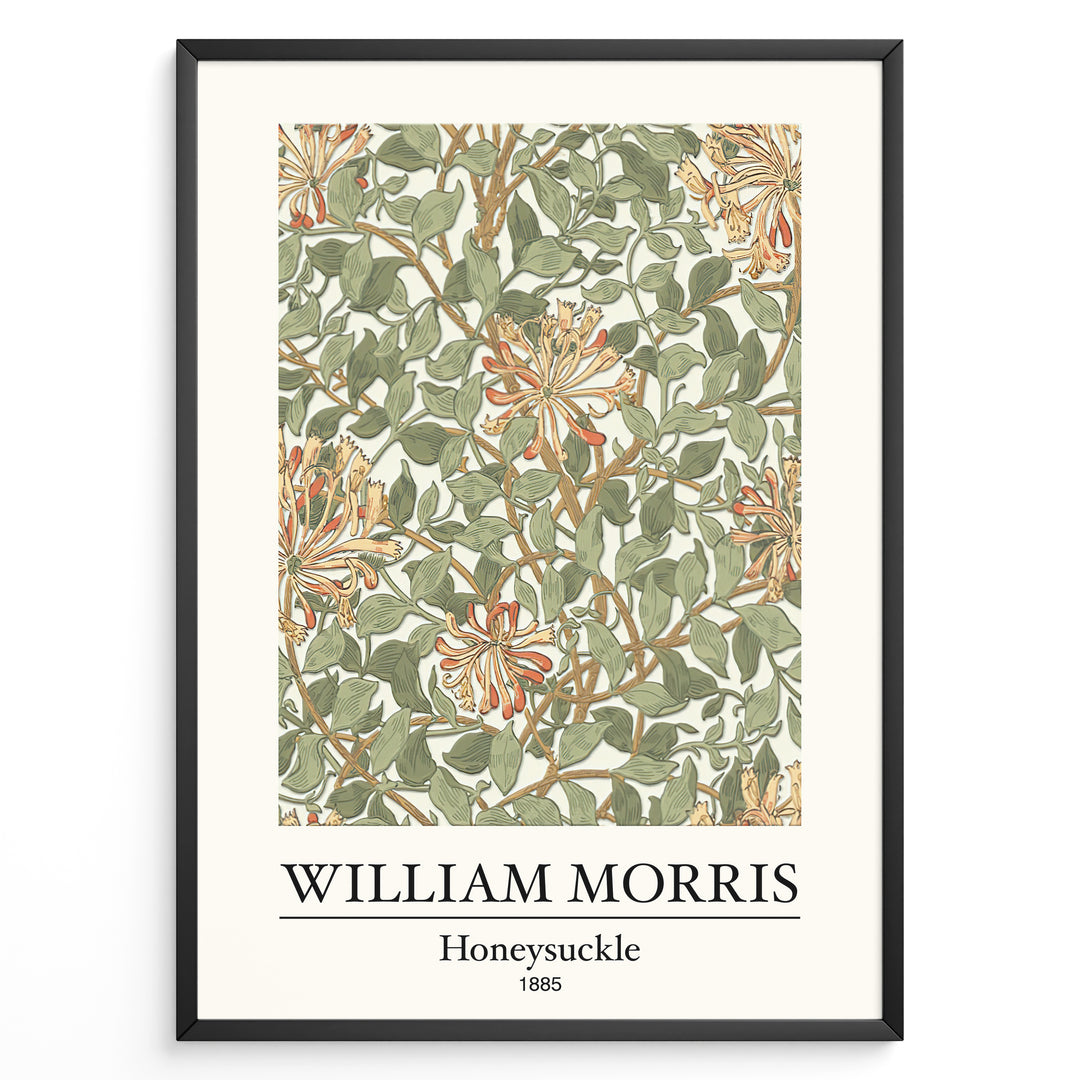 Framed William Morris Honeysuckle 1885 art print plakat featuring intertwining green leaves and orange honeysuckle flowers on a cream background.