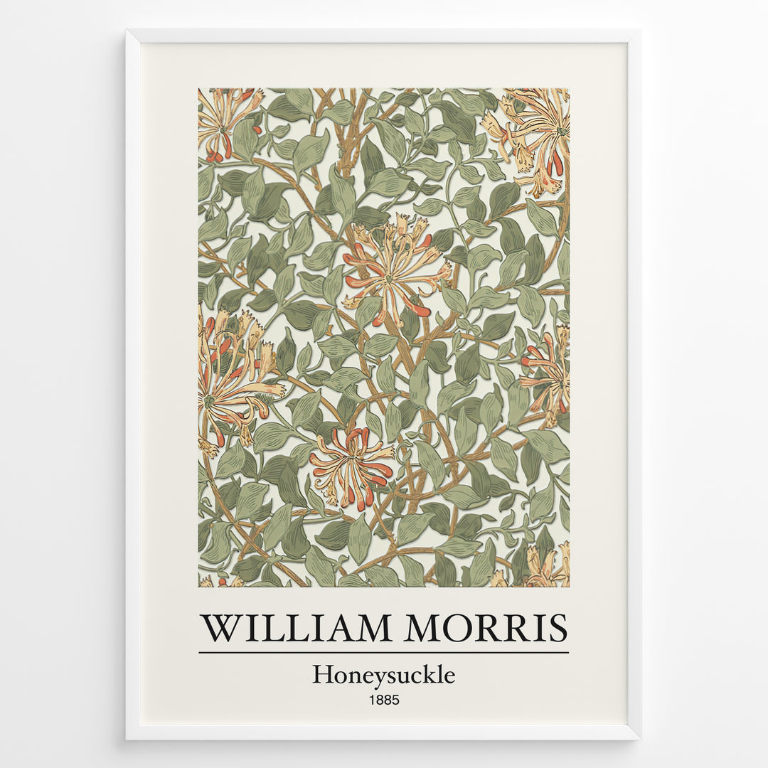 Framed William Morris Honeysuckle 1885 art print plakat featuring intertwining green leaves and orange honeysuckle flowers on a cream background.
