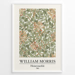 Indlæs billede til gallerivisning Framed William Morris Honeysuckle 1885 art print plakat featuring intertwining green leaves and orange honeysuckle flowers on a cream background.
