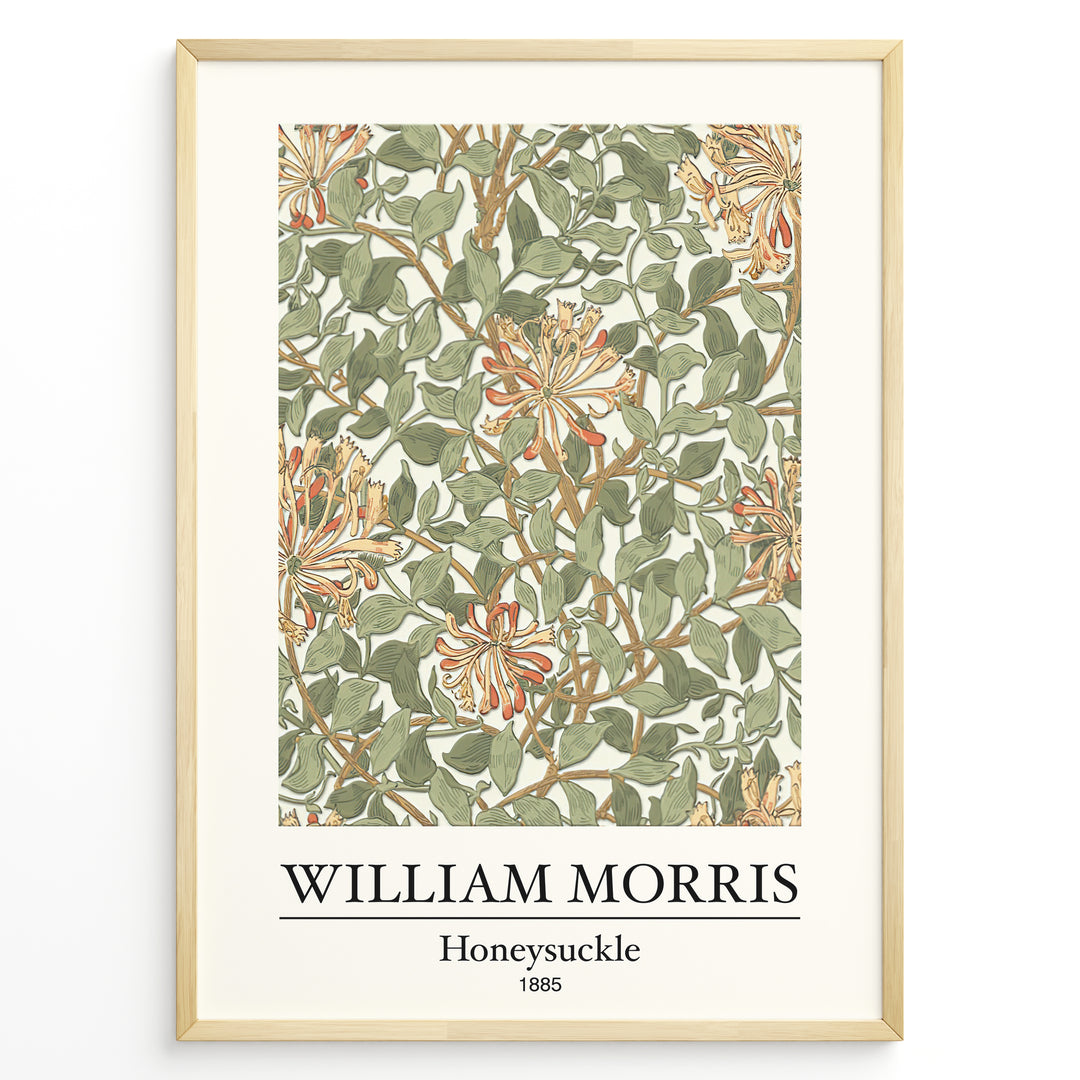Framed William Morris Honeysuckle 1885 art print plakat featuring intertwining green leaves and orange honeysuckle flowers on a cream background.