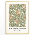 Indlæs billede til gallerivisning Framed William Morris Honeysuckle 1885 art print plakat featuring intertwining green leaves and orange honeysuckle flowers on a cream background.
