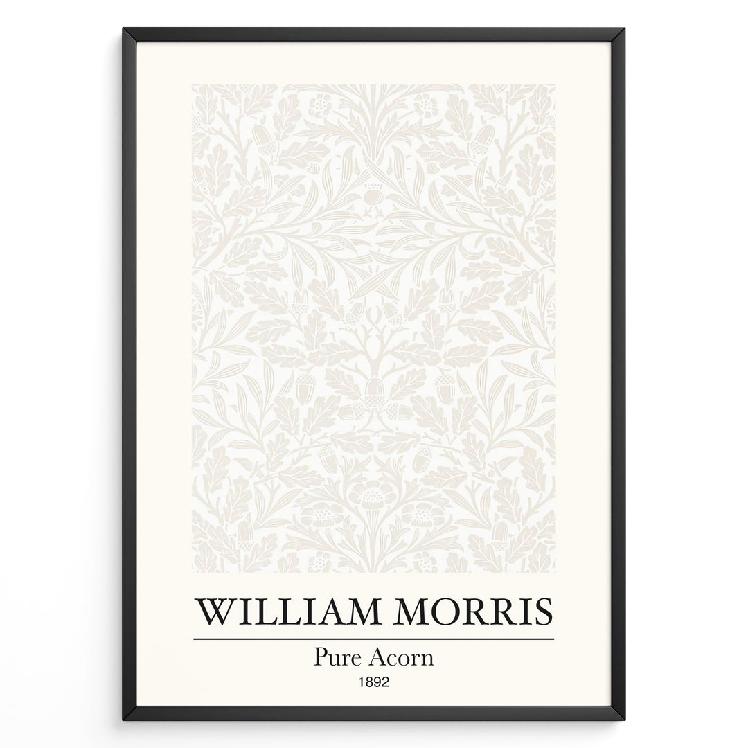 William Morris Pure Acorn 1892 art print plakat featuring beige botanical pattern of oak leaves and acorns in a minimalist style with black frame