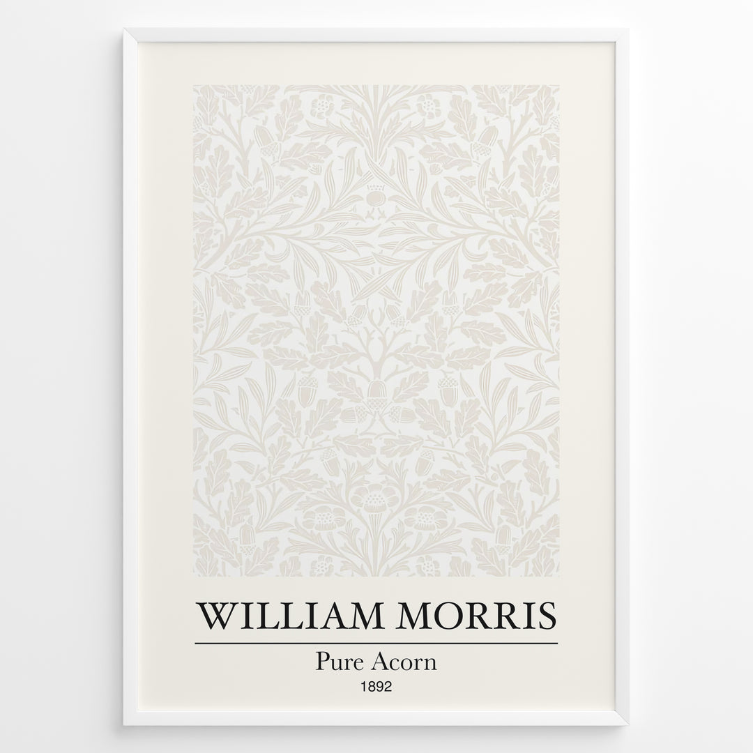 William Morris Pure Acorn 1892 art print plakat featuring beige botanical pattern of oak leaves and acorns in a minimalist style with black frame