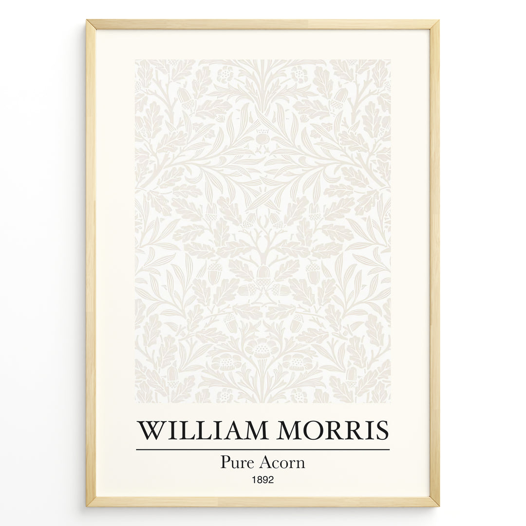 William Morris Pure Acorn 1892 art print plakat featuring beige botanical pattern of oak leaves and acorns in a minimalist style with black frame