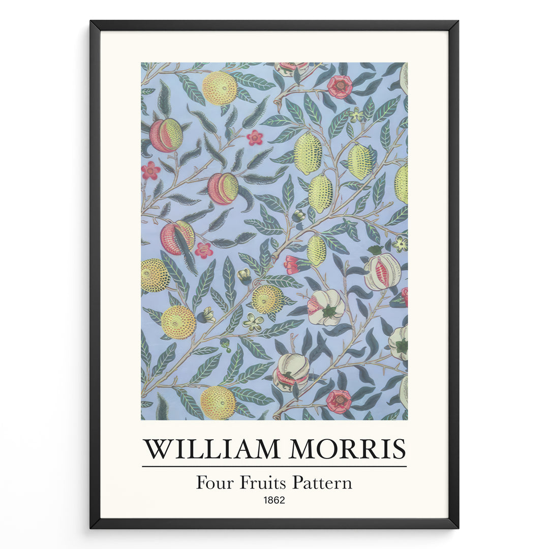 Framed William Morris Four Fruits Pattern 1862 art print plakat with yellow and red fruits and green leaves on a light blue background.