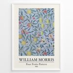 Indlæs billede til gallerivisning Framed William Morris Four Fruits Pattern 1862 art print plakat with yellow and red fruits and green leaves on a light blue background.
