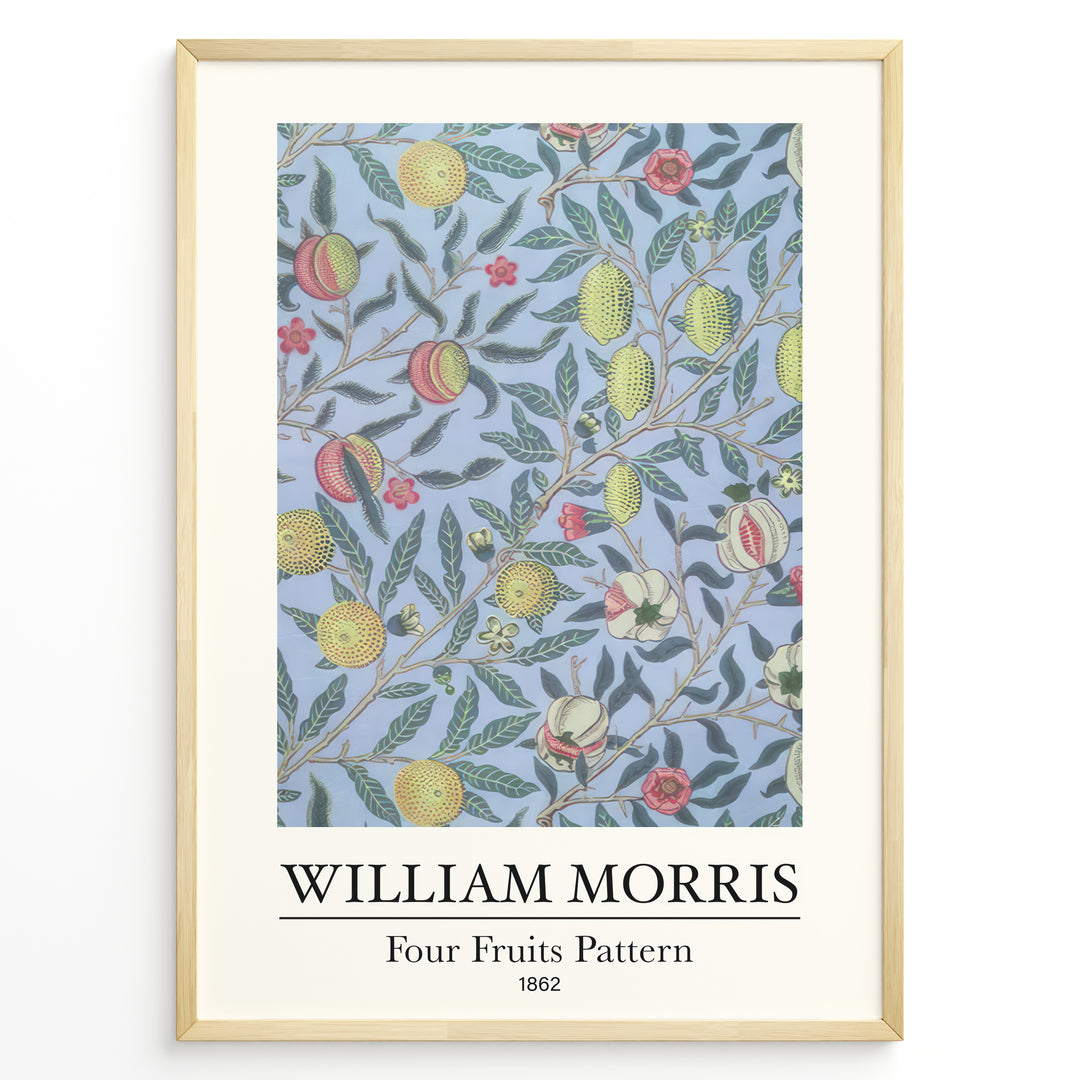 Framed William Morris Four Fruits Pattern 1862 art print plakat with yellow and red fruits and green leaves on a light blue background.
