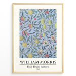 Indlæs billede til gallerivisning Framed William Morris Four Fruits Pattern 1862 art print plakat with yellow and red fruits and green leaves on a light blue background.
