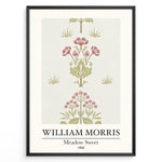 Indlæs billede til gallerivisning William Morris Meadow Sweet 1858 floral art print plakat featuring pink and green botanical pattern with flowers and leaves in a black frame.
