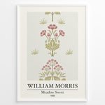 Indlæs billede til gallerivisning William Morris Meadow Sweet 1858 floral art print plakat featuring pink and green botanical pattern with flowers and leaves in a black frame.

