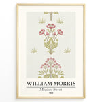 Indlæs billede til gallerivisning William Morris Meadow Sweet 1858 floral art print plakat featuring pink and green botanical pattern with flowers and leaves in a black frame.
