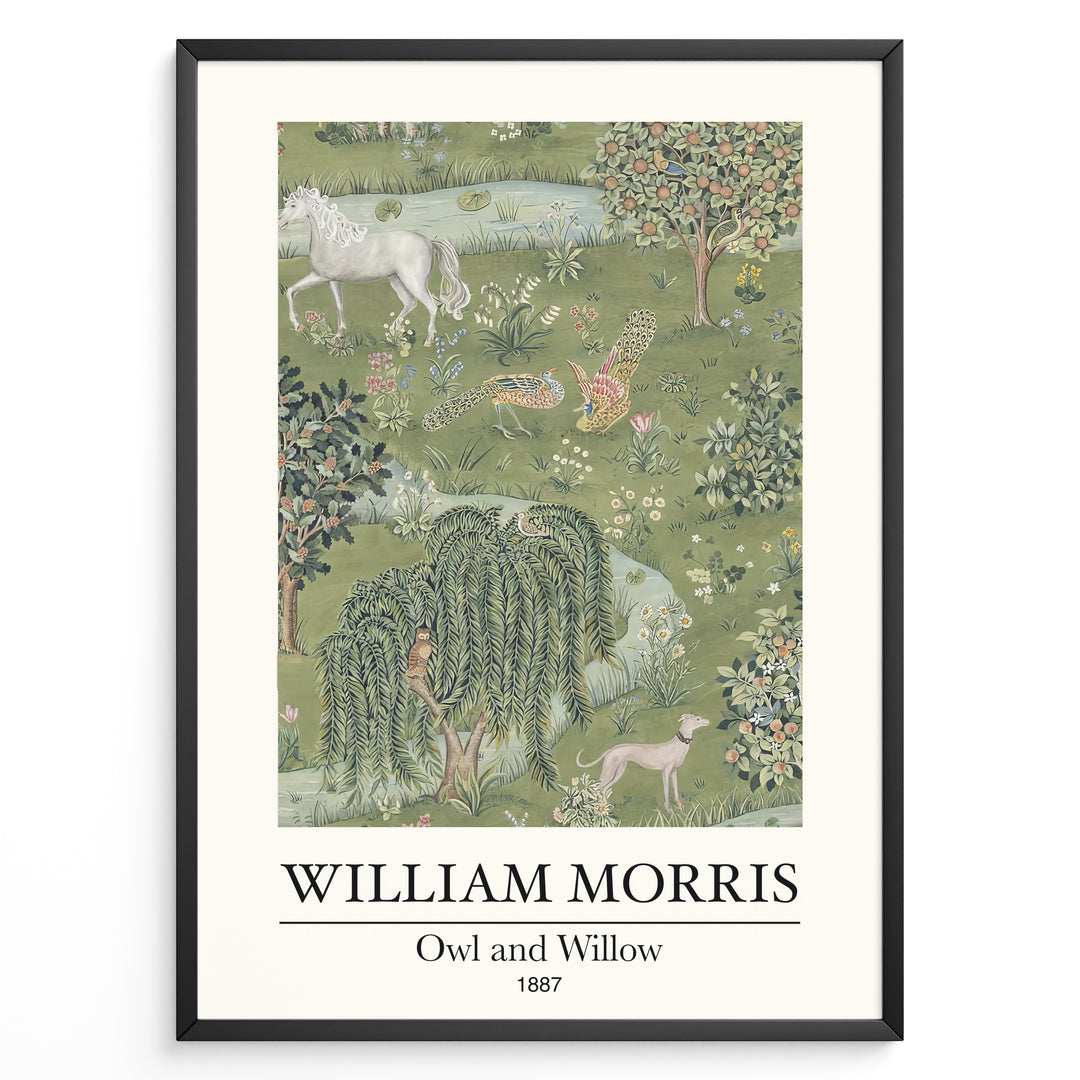 William Morris Owl and Willow 1887 art print plakat featuring a detailed green landscape with owl, willow tree, horse, birds, and flowers in a black frame.