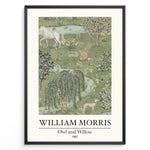 Indlæs billede til gallerivisning William Morris Owl and Willow 1887 art print plakat featuring a detailed green landscape with owl, willow tree, horse, birds, and flowers in a black frame.

