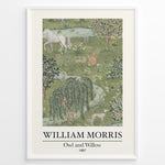 Indlæs billede til gallerivisning William Morris Owl and Willow 1887 art print plakat featuring a detailed green landscape with owl, willow tree, horse, birds, and flowers in a black frame.
