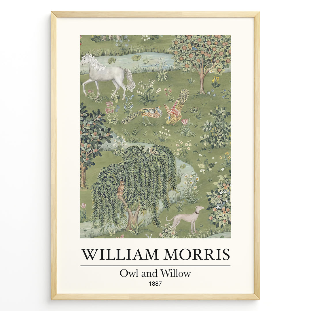 William Morris Owl and Willow 1887 art print plakat featuring a detailed green landscape with owl, willow tree, horse, birds, and flowers in a black frame.