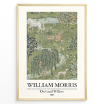 Indlæs billede til gallerivisning William Morris Owl and Willow 1887 art print plakat featuring a detailed green landscape with owl, willow tree, horse, birds, and flowers in a black frame.
