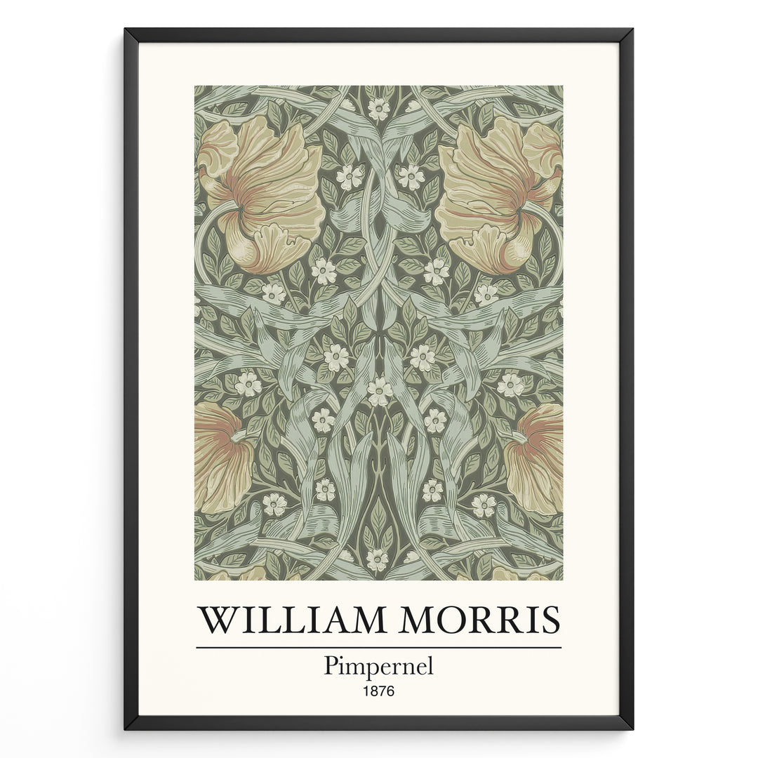 William Morris Pimpernel 1876 vintage floral art print plakat with green leaves and orange flowers in black frame.