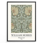 Indlæs billede til gallerivisning William Morris Pimpernel 1876 vintage floral art print plakat with green leaves and orange flowers in black frame.

