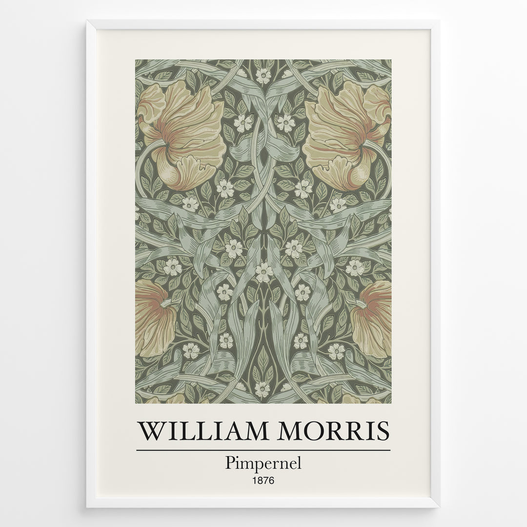 William Morris Pimpernel 1876 vintage floral art print plakat with green leaves and orange flowers in black frame.