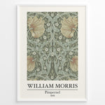 Indlæs billede til gallerivisning William Morris Pimpernel 1876 vintage floral art print plakat with green leaves and orange flowers in black frame.
