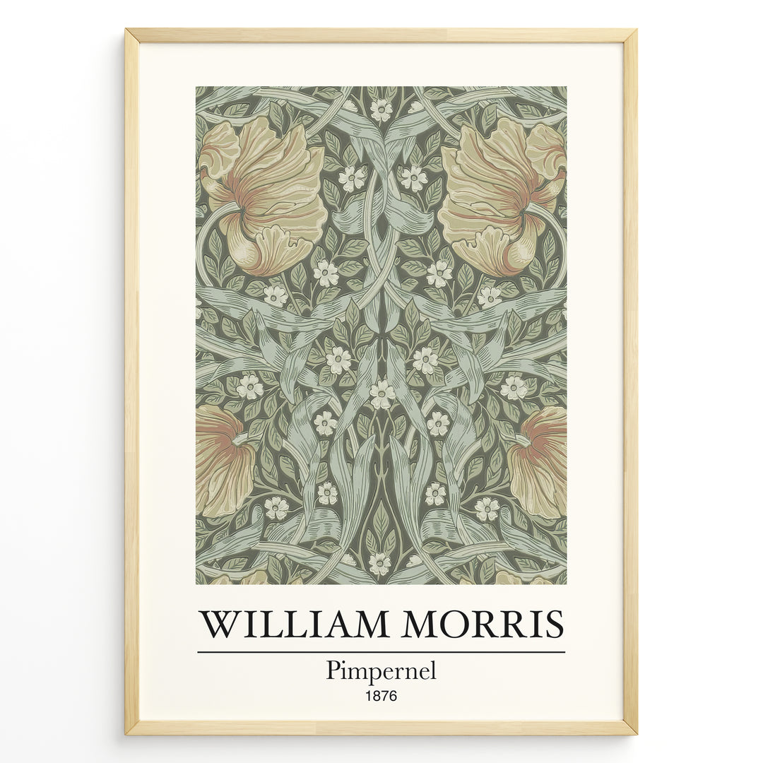 William Morris Pimpernel 1876 vintage floral art print plakat with green leaves and orange flowers in black frame.