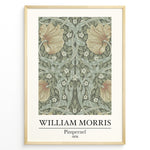Indlæs billede til gallerivisning William Morris Pimpernel 1876 vintage floral art print plakat with green leaves and orange flowers in black frame.
