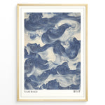 Indlæs billede til gallerivisning Japanske plakater | Framed wall art depicting flowing blue Japanese-style ocean waves, titled &quot;Yasuragi&quot; with kanji characters representing peace and tranquility.
