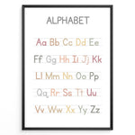 Indlæs billede til gallerivisning Pastel-colored alphabet poster showing uppercase and lowercase letters arranged on handwriting lines, framed as educational kids’ wall art.
