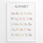 Indlæs billede til gallerivisning Pastel-colored alphabet poster showing uppercase and lowercase letters arranged on handwriting lines, framed as educational kids’ wall art.
